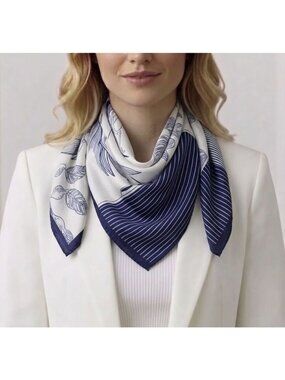 ⭐Luxury Elegant Geometric Print Silky Soft Square Scarf Square Shawl Navy White